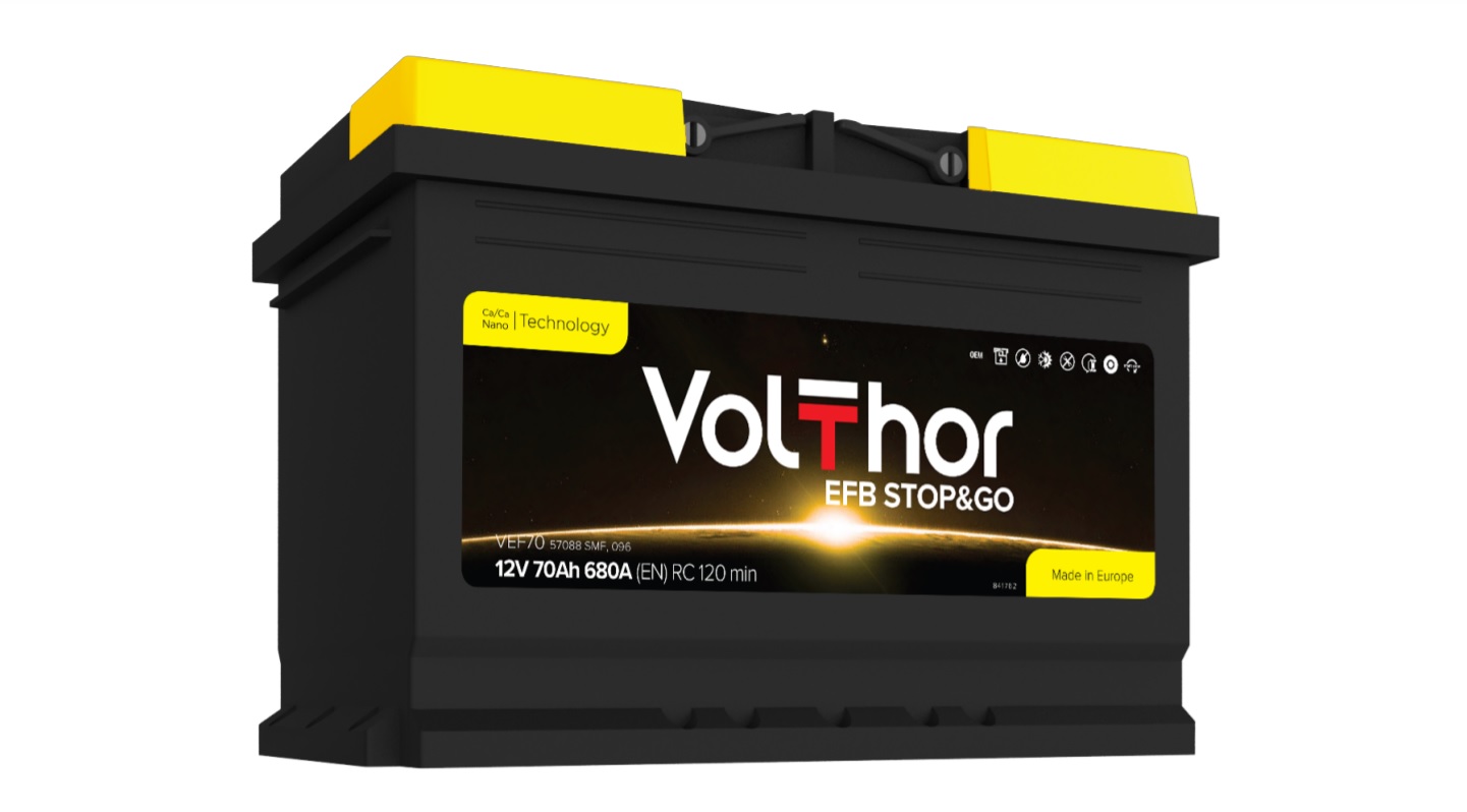 Акумулятор легковий VOLTHOR 6СТ-70(0) (760А) EFB STOP&GO 12B, 70Ah, 760A, плюс зправа (R+) EFB 278X175X190 мм